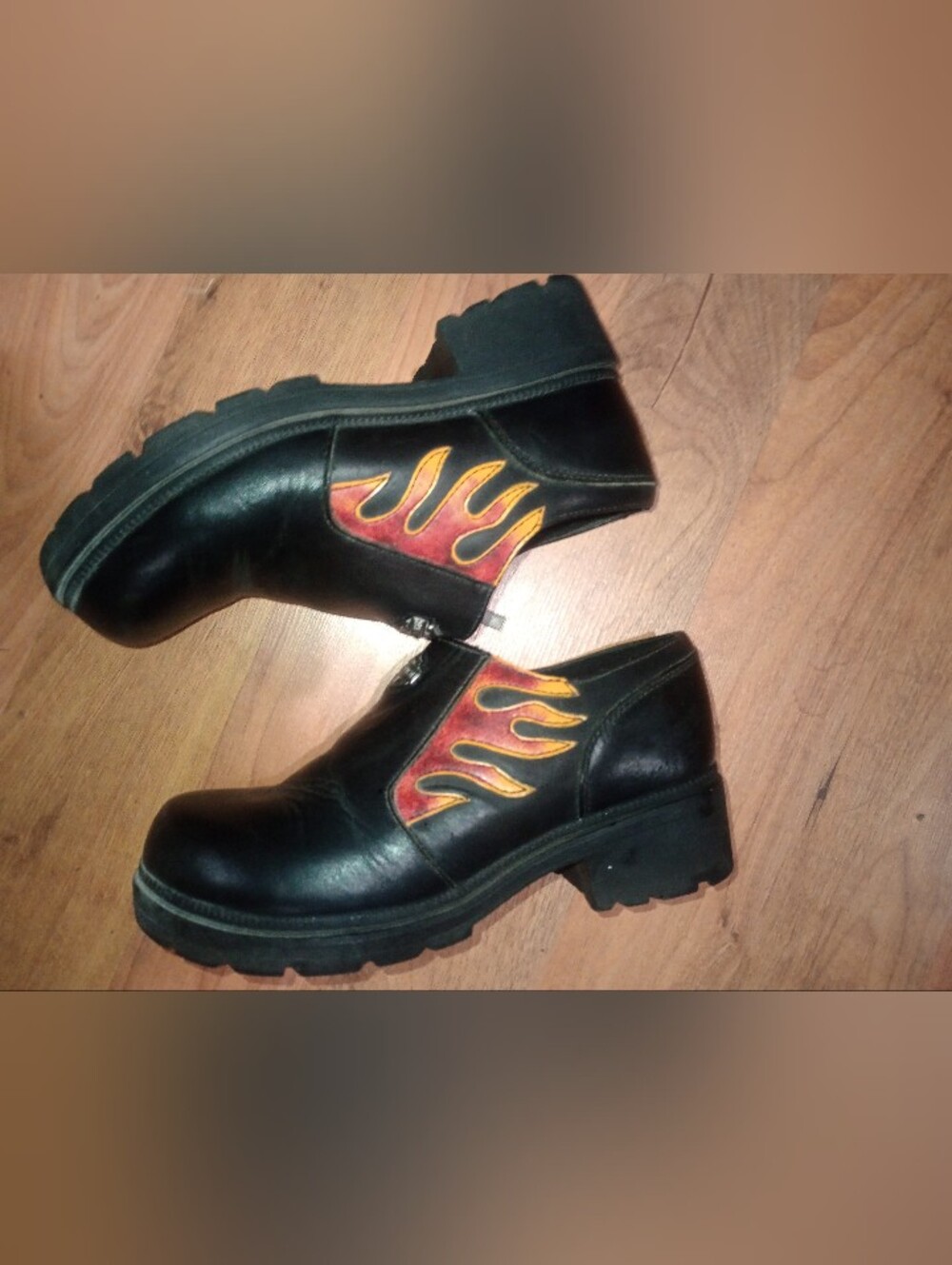 Ladies Black Leather Harley Davidson Ankle Shoes with Red & Yellow Flame Accent